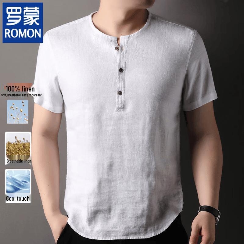 ROMON Men s Chinese Style Linen Short-Sleeve T-Shirt 2XL