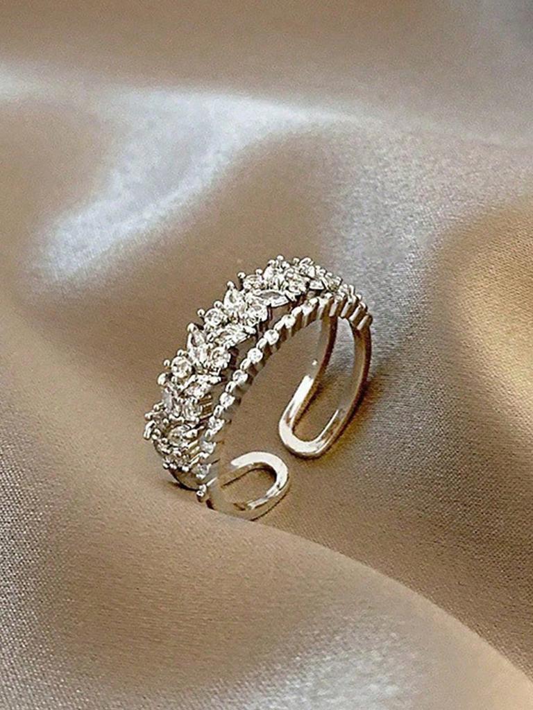 1pc Dainty Double Layered Asymmetrical Opening Ring Inlaid with Cubic Zirconia