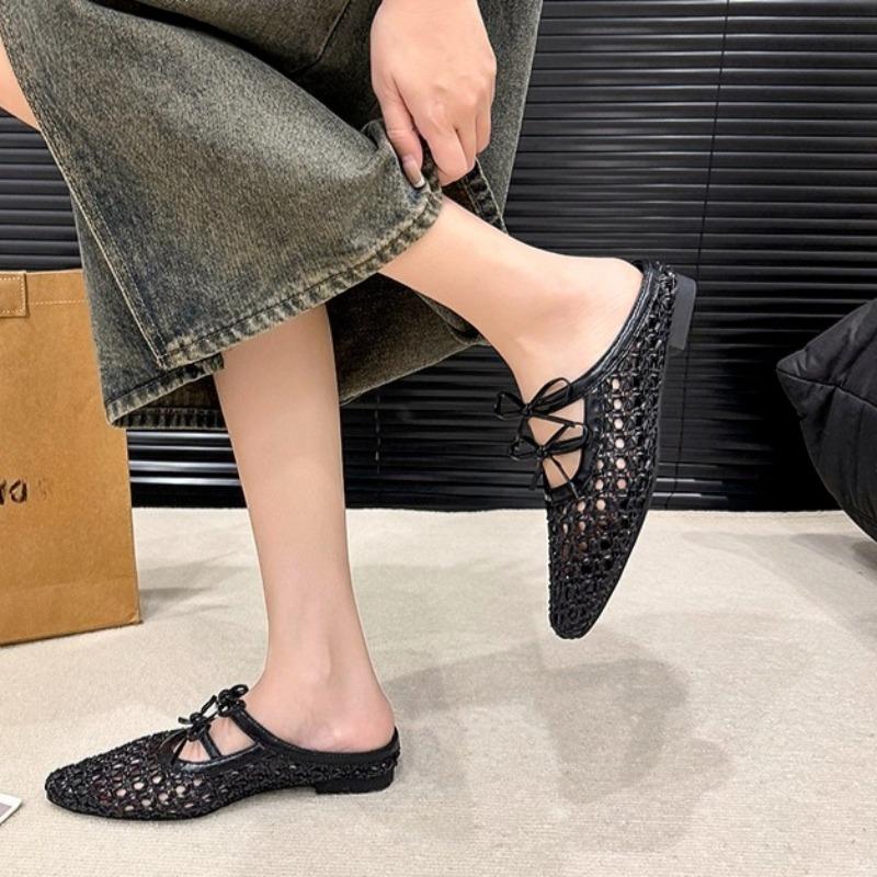Fashion Baotou Slippers Summer New Pointed Toe Shallow Mouth Front Lace-up Fabric Soft Sole Non-slip Wear-resistant Flat Shoes