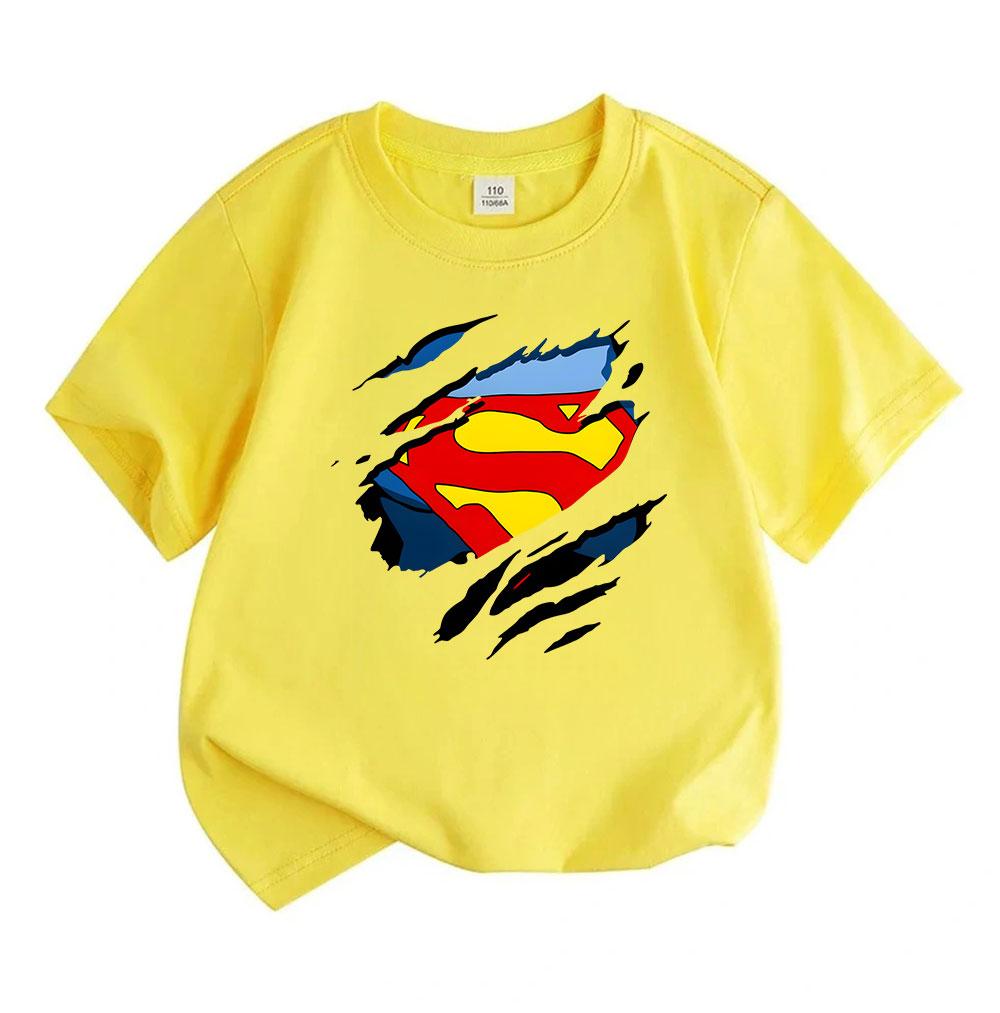 Kids Boys Girls Crew Neck Short Sleeve 100% Cotton T-Shirt, Cool Ripped Torn Effect Hero Chest Pattern Casual Soft Breathable Tees for Daily Summer We