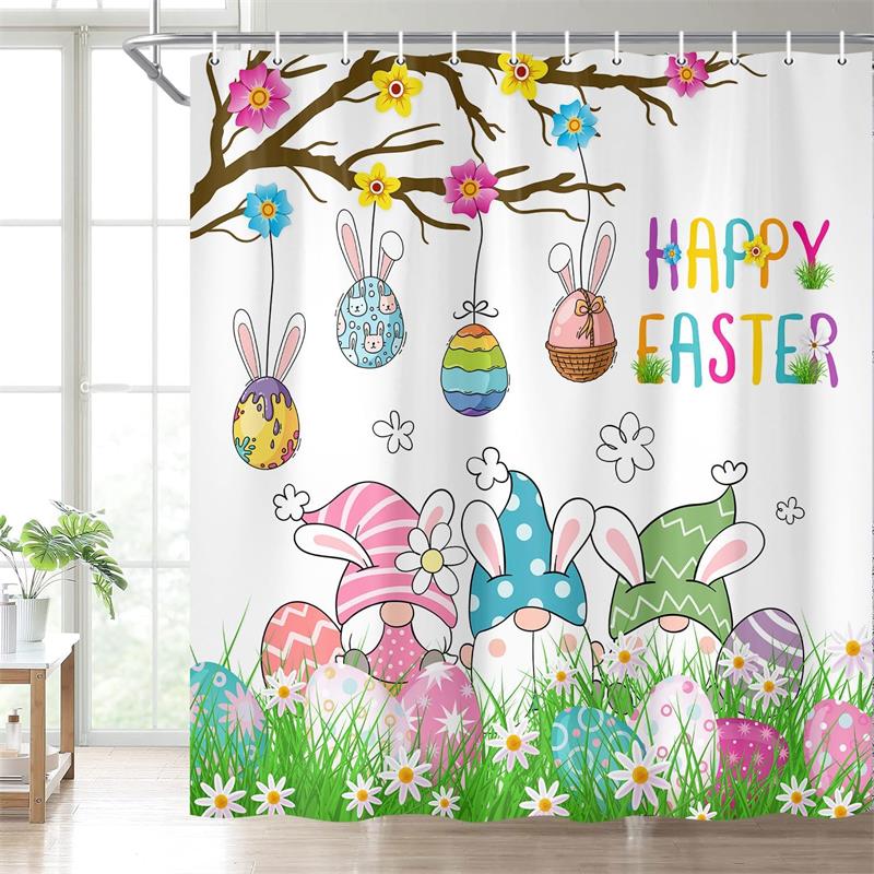 

Spring Easter Bunny Shower Curtains Leaves Wildflower Watercolor Floral Rabbit Rustic Farmhouse Bathtub Bathroom Curtain Decor 90x180cm-35x70in
