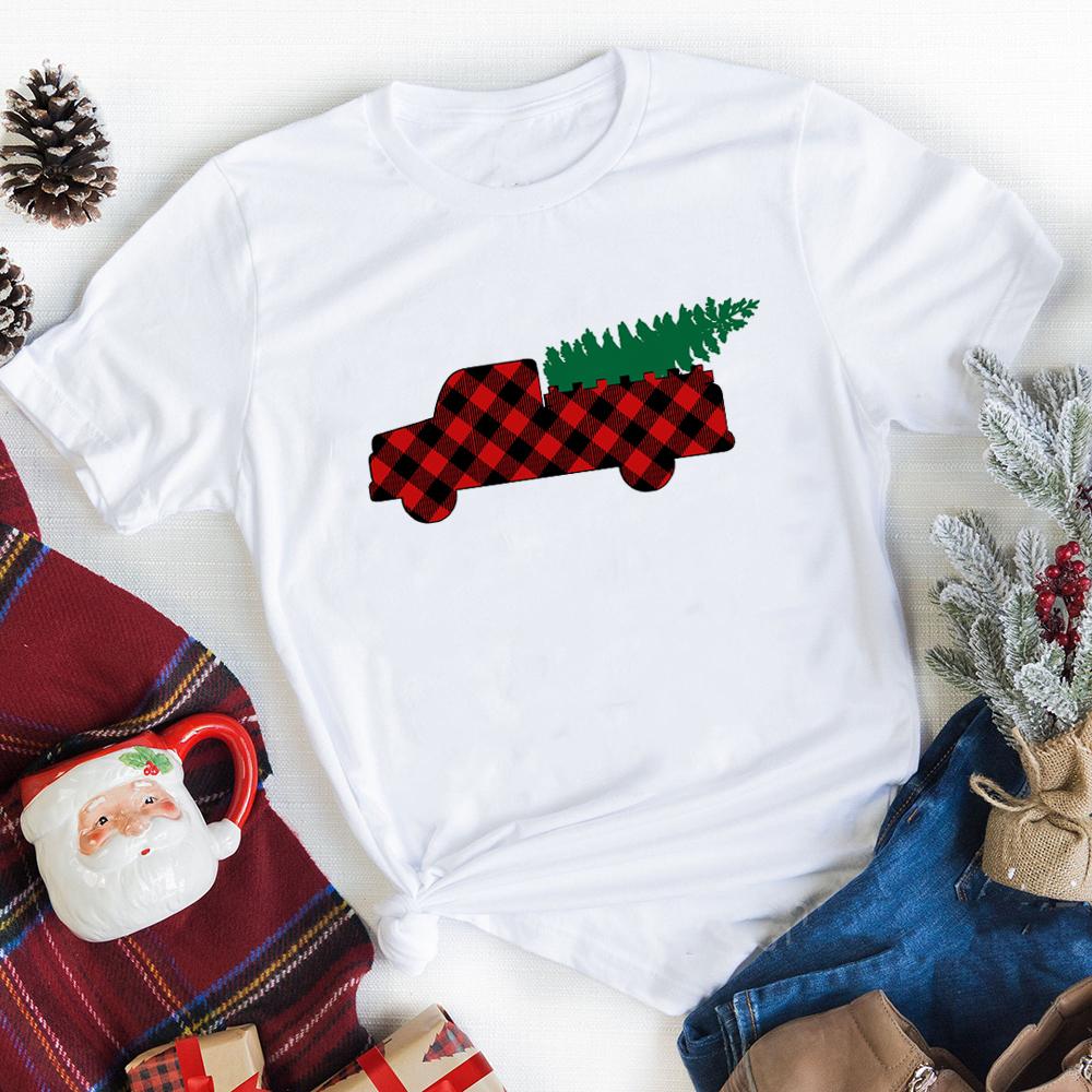 Merry Christmas Plaid Tree Printed T Shirt Fashion Graphic Women Top Tshirt Female Kawaii Tee Ladies
