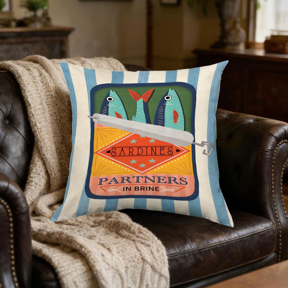 1Pc Retro Sardines Partners In Brine Cushion Cover Blue White Striped Pillowcase For Living Room Sofa Bed Decorative Throw Case