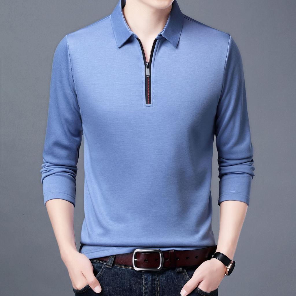 Large Size Men's Spring Solid Color Lapel Long-sleeved Polos Shirt