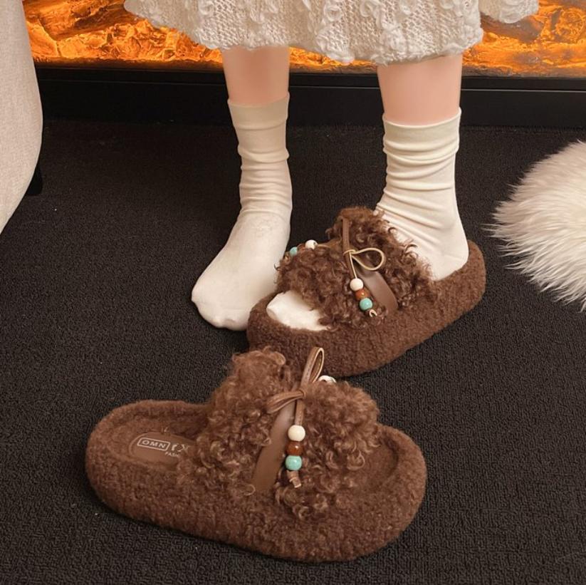 2025 Winter Woman Slippers Plush Interior Anti Slip Sole Thick Bottom Fashion Warm Flip-flops Use Indoor Outdoor Pantuflas Mujer