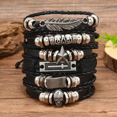 Hot Sale Skull Pentagram Zinc Alloy Accessories 6-piece Cowhide Bracelet