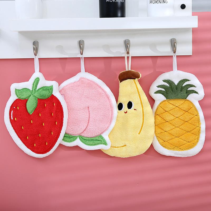 Cute fruit hand towel, coral fleece thickened and soft to absorb water without shedding hair, hanging cartoon hand towel