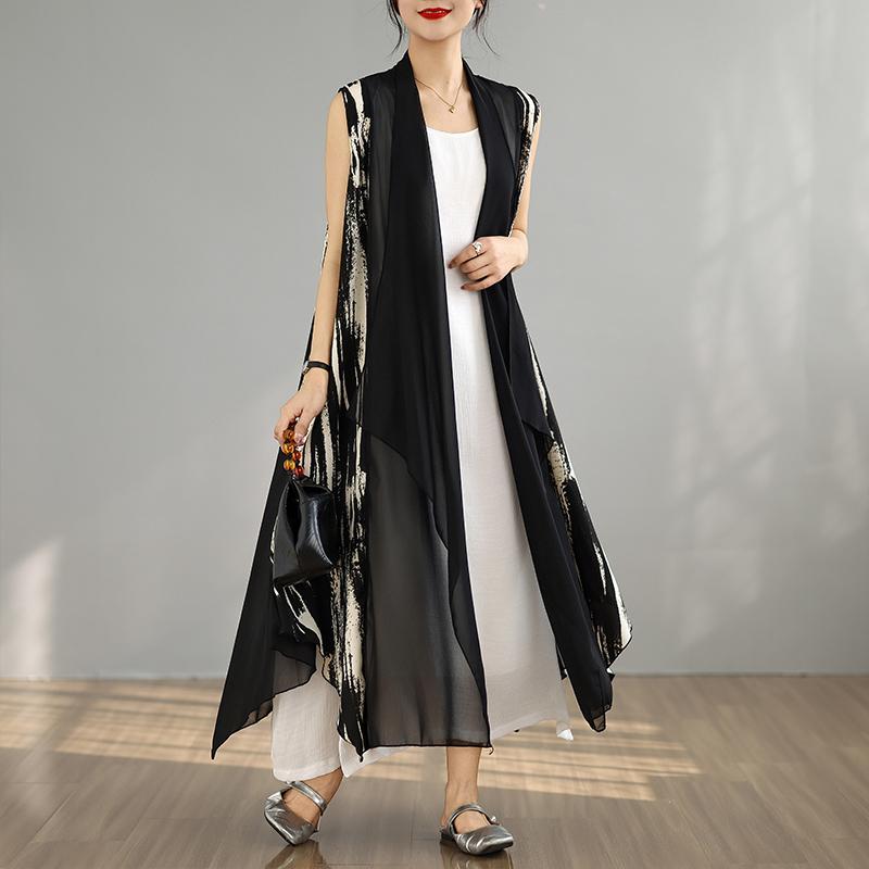 

DIMANAF 2025 Новый Летний Женский Длинный Жилет Большого Размера Без Рукавов Пальто Базовая Мода Шифоновые Топы Футболки Повседневный Свободный XL белый