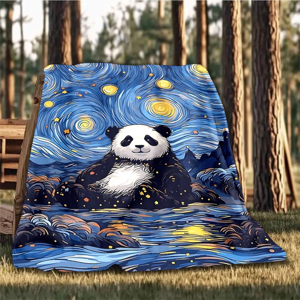1pc Panda Night Sky Print Outdoor Blanket, Lightweight Polyester,