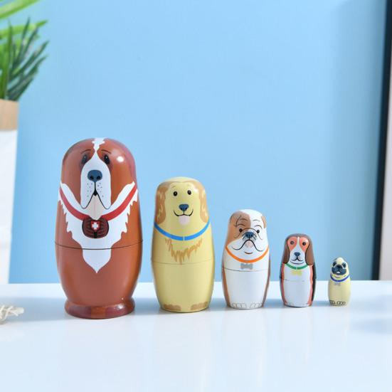 5Pcs/Set Dog Russian Nesting Doll 5 Layers Handmade Wooden Matryoshka Puppy Stacking Toy Home Office Desktop Decoration Ornament