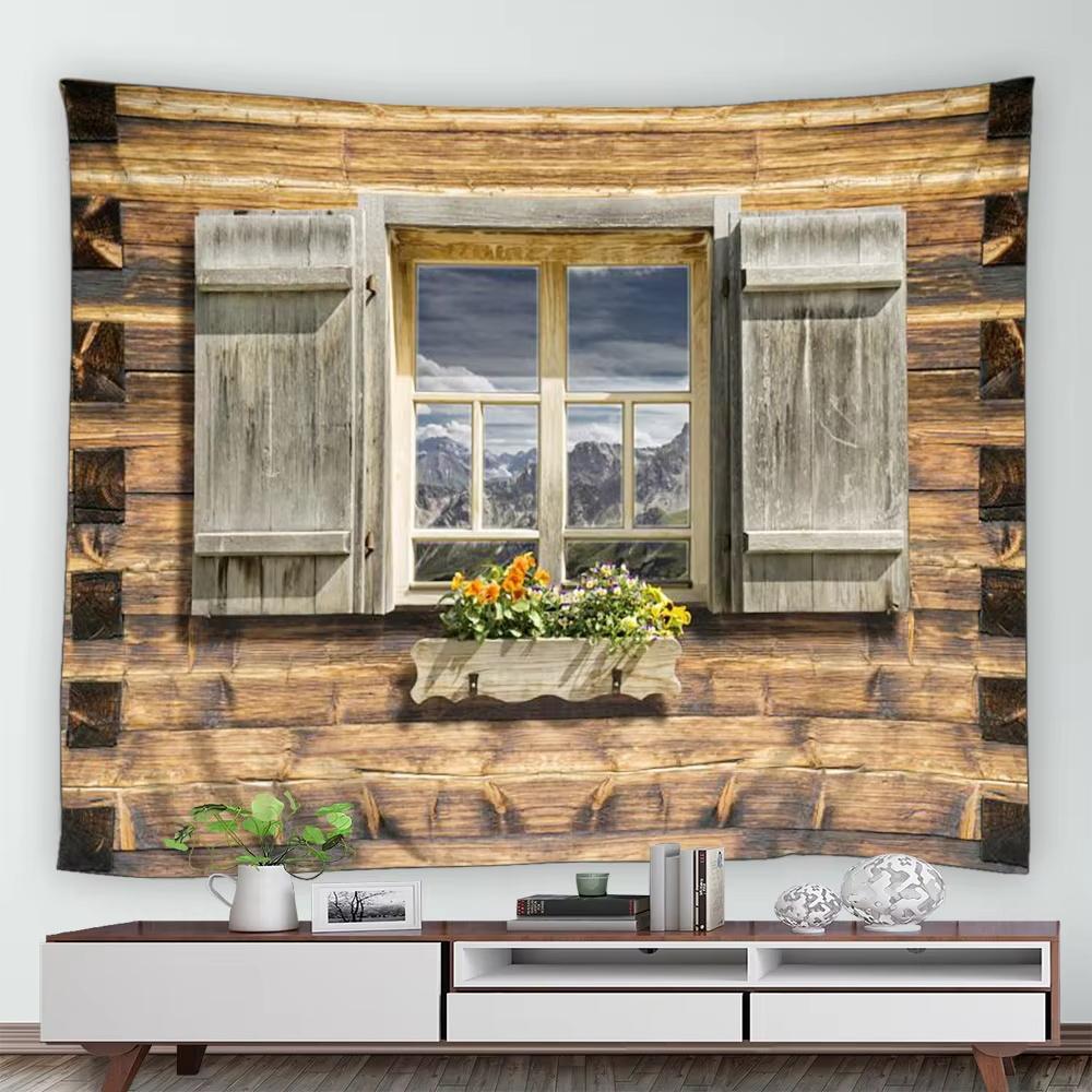 Street Flower Scenery Tapestry Vintage Blue Wooden Door Floral Plants Nature Landscape Home Garden Decor Wall Hanging Picnic Mat