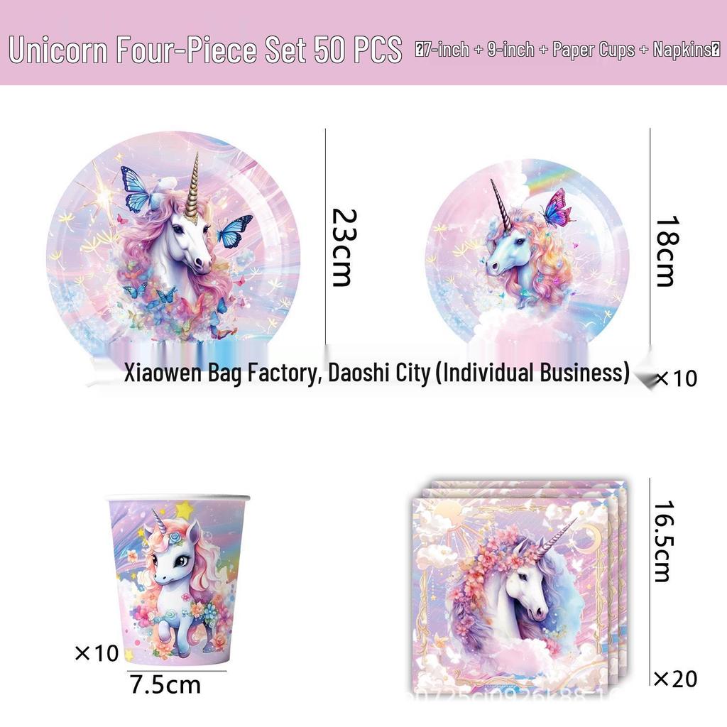 Unicorn Theme Birthday Party Disposable Tableware Set - Plates, Cups, Napkins, Decorations