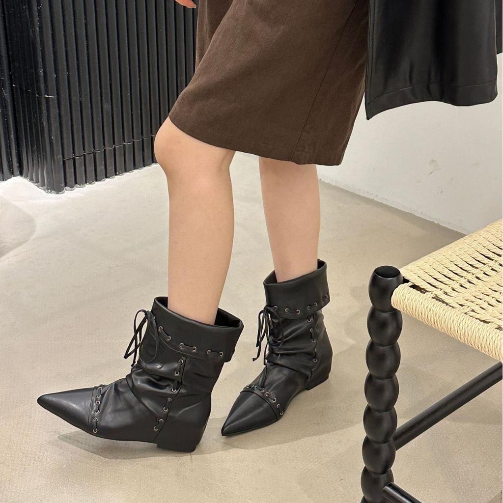 Inner Heightening Suede Pointed Lace-up Short Boots Women's 2025 Autumn and Winter New Korean Version of Western Cowboy Boots Sleeve Fashion Boots