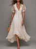 The new V-neck European and American women's clothing holiday style white ruffle edge loose dress is popular.