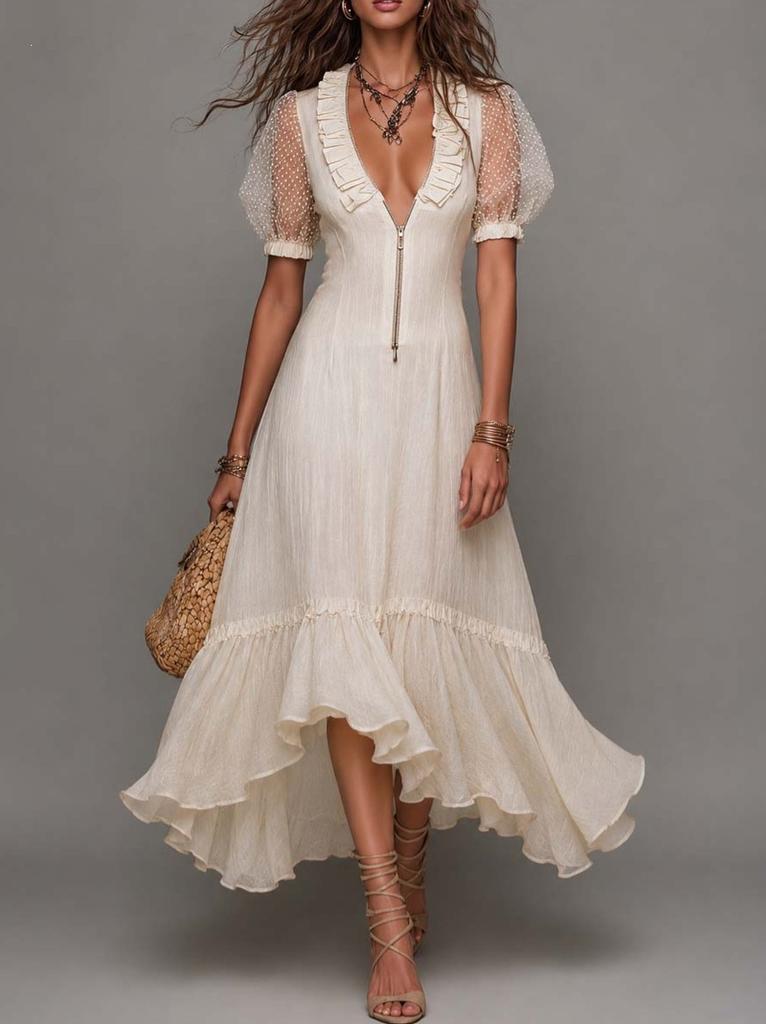 The new V-neck European and American women's clothing holiday style white ruffle edge loose dress is popular.