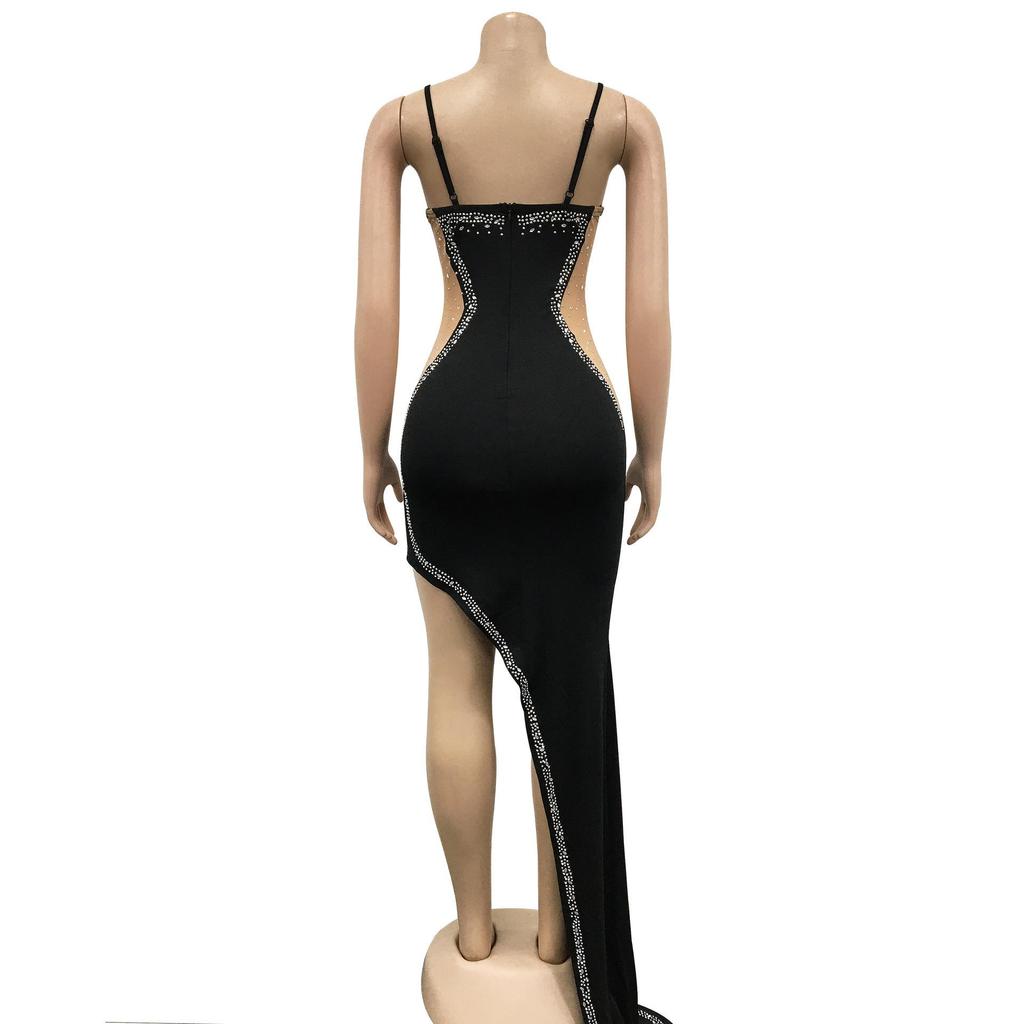 Women's Fashion Solid Color V-Neck Sleeveless Long Dress with Hot Drilling