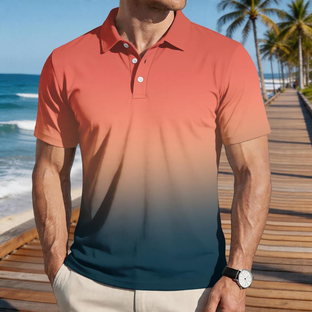 Men Loose Fit Casual Gradient Print Short Sleeve T Shirt with Turn Down Collar Comfortable Soft Fabric Stylish Design