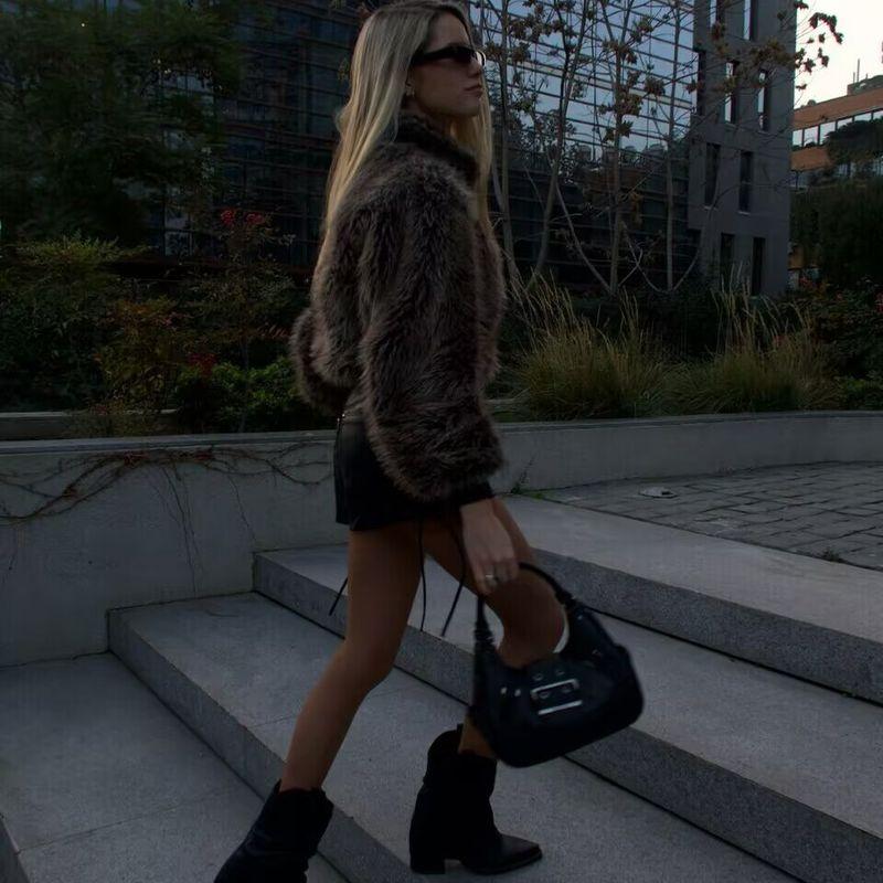 Zbzr Autumn New Women Clothes Western Style Lapel Zipper Ornament Contrast Color Suede Shearling Jacket Outerwear Loose Top