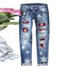 Gerade Jeans Damenhose Weihnachten Schneeflocke Bedruckte Applikation Zerrissene Denimhose