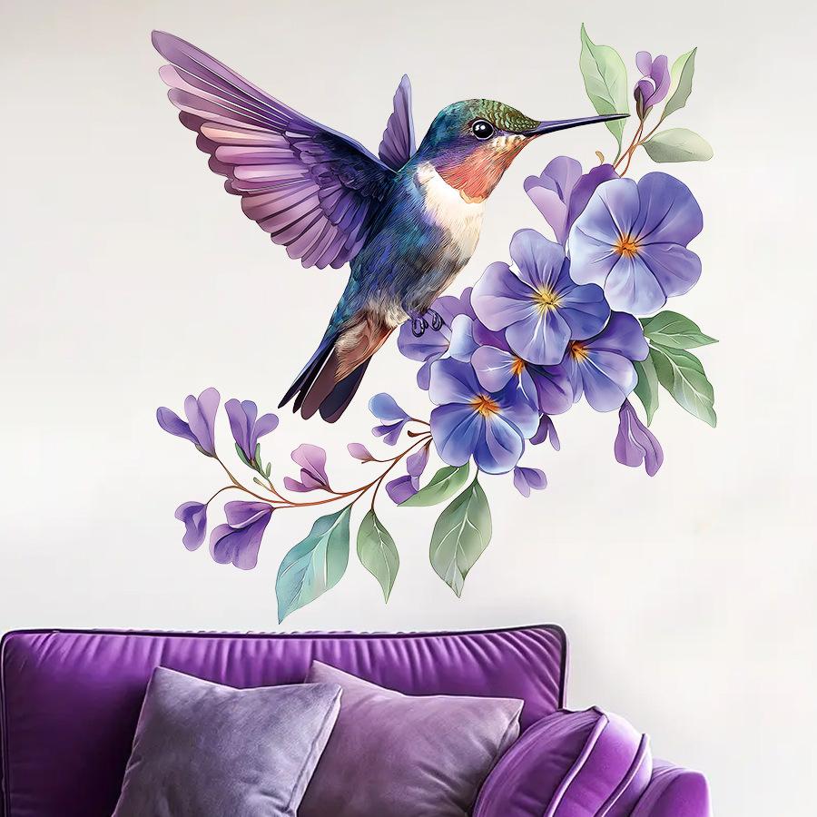 Cartoon Aesthetic Purple Floral Hummingbird Wall Stickers, Self-Adhesive Decor for Room Bedroom Decoration