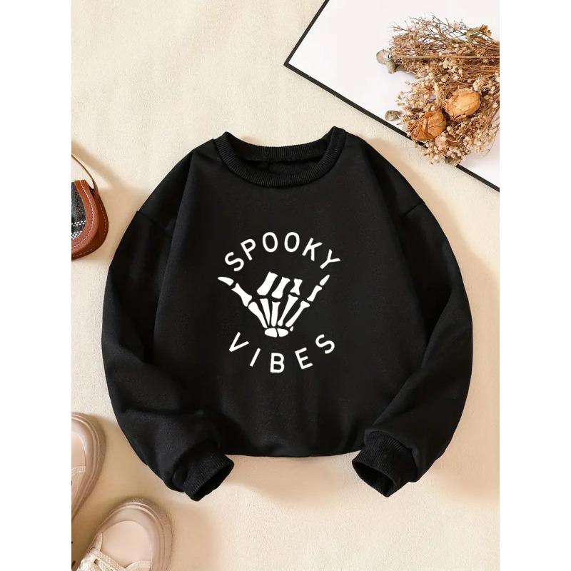Kids Sweatshirt Halloween Sweatshirt, Round Neck Long Sleeve Pullover, Festive Print Halloween Style Casual Kids Wear Spring Autumn 110 чёрный