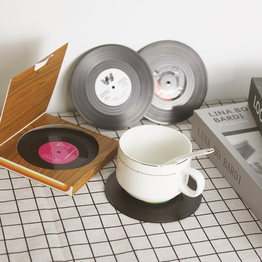 6pcs Coaster European American Retro Style Drink Beer Tea Abs Vinyl Record Cd Non Slip Drink Coaster for Desktop