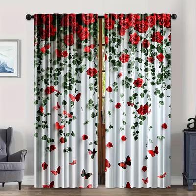 2 Stück Weiße Rote Rosenranke Transparente Vorhänge - Romantischer Floral Schmetterlingsdruck Fensterbehänge für Schlafzimmer Wohnzimmer Dekoration