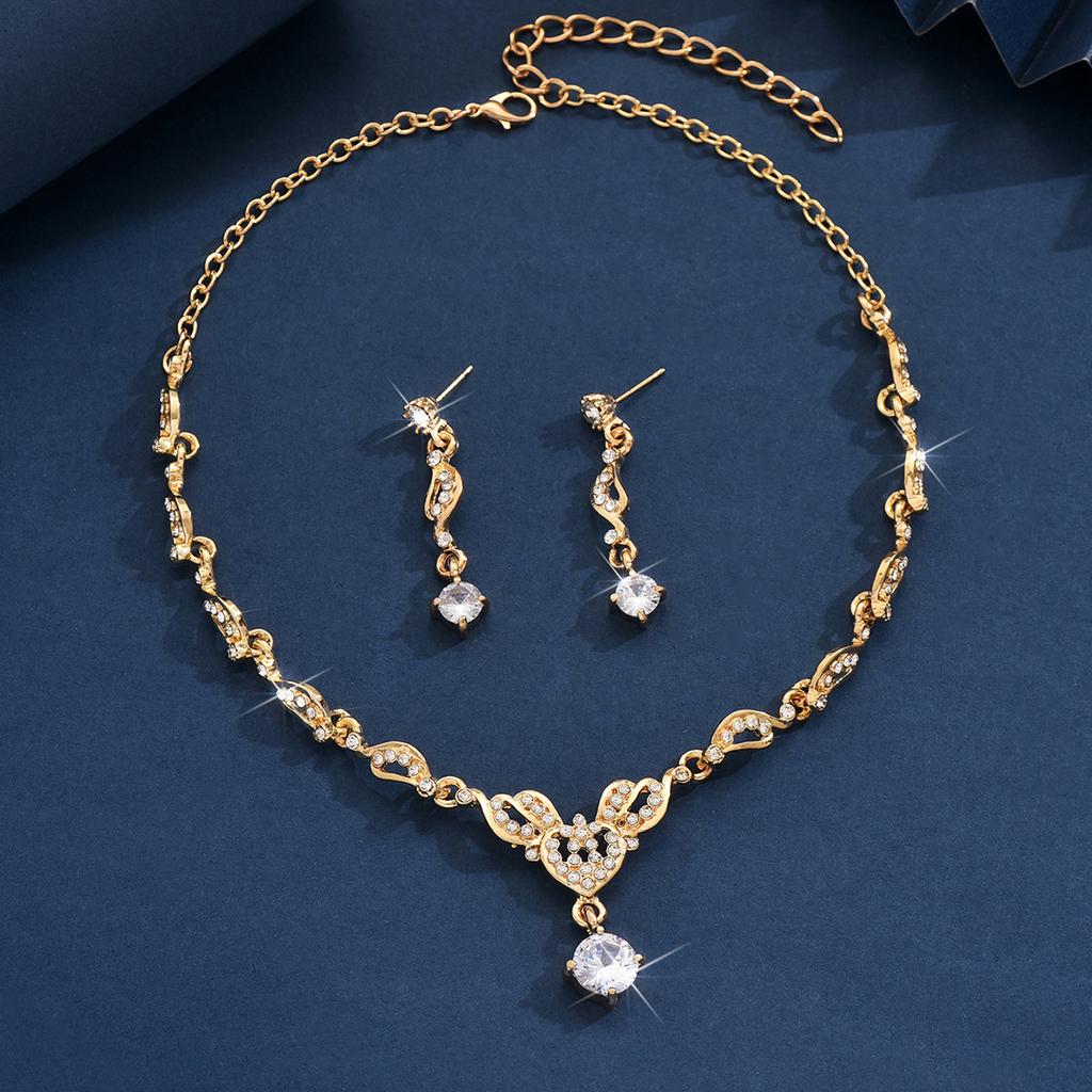 Zircon Diamond Jewelry Set Premium Dress Accessories Bridal Wedding Necklace Earrings Two-Piece Set