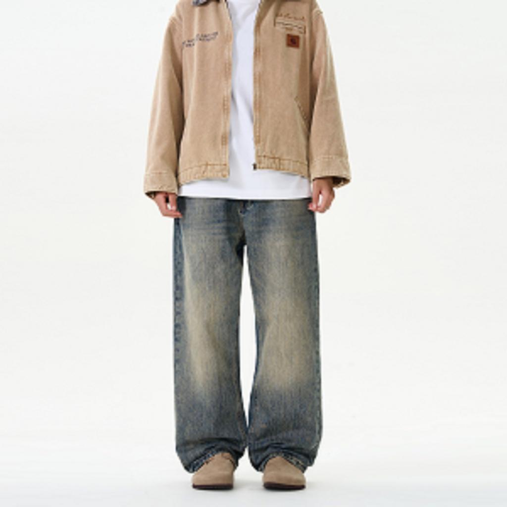Spring and Autumn New American Retro Washed Jeans Men's Loose Straight Wide Legs