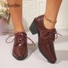 Fashion British Style Pointed Toe Lace Up High Heel Pumps for Women's Elegant Chunky Heeled Shoes PU Leather Autumn Office Lady Pumps