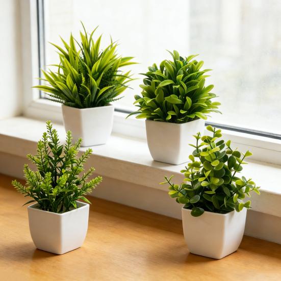 4 Stück Mini künstliche grüne Topfpflanzen, kleine Fake-Pflanzen mit Topf für Zuhause, Büro, Indoor, Tisch, Regal, Bauernhaus, Badezimmer Dekoration