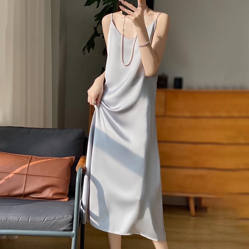 

Летнее новое стильное женское платье из смешанного шелка тутового шелкопряда с тонкой талией, средней и длинной длины, для поездок на работу, модное дышащее повседневное платье L кадет серый