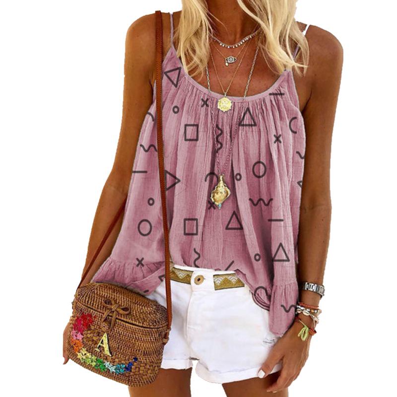 Women Summer New Geometric Print Spaghetti Strap Ruffle Hem Casual Camisole S розовый
