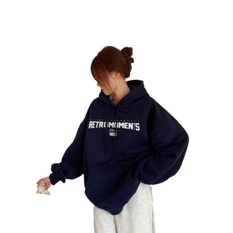 Autumn Winter Letter Printing Pullover Hoodies Women Vintage Loose Casual Simple All-match Hooded Sweatshirt