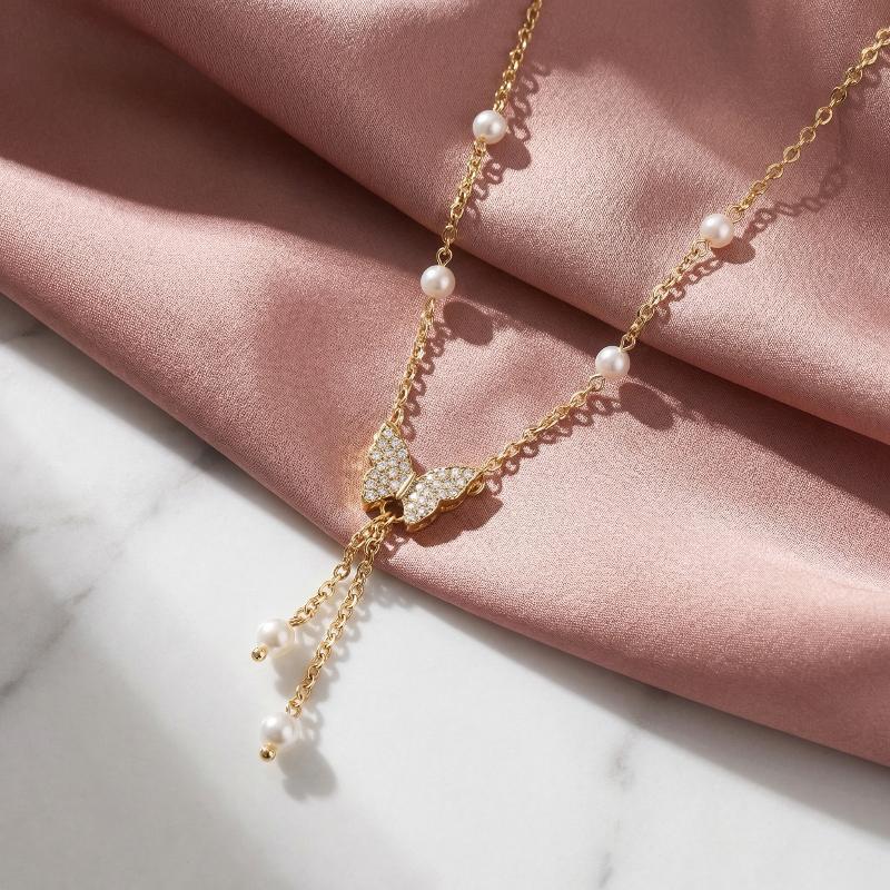 Shiny Pearl Butterfly Necklace Crystal Pendant Collar Chain Necklace Ladies Wedding Party Jewelry Gift золотой