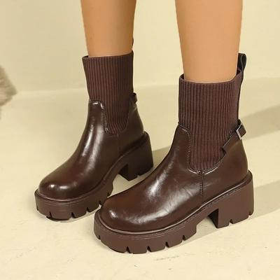 Mode 2024 Übergröße Schuhe Damen Stiefeletten Elegant Moderne Stiefel Damen Runde Zehenpartie Blockabsätze Gestrickte Slipper Damenschuhe