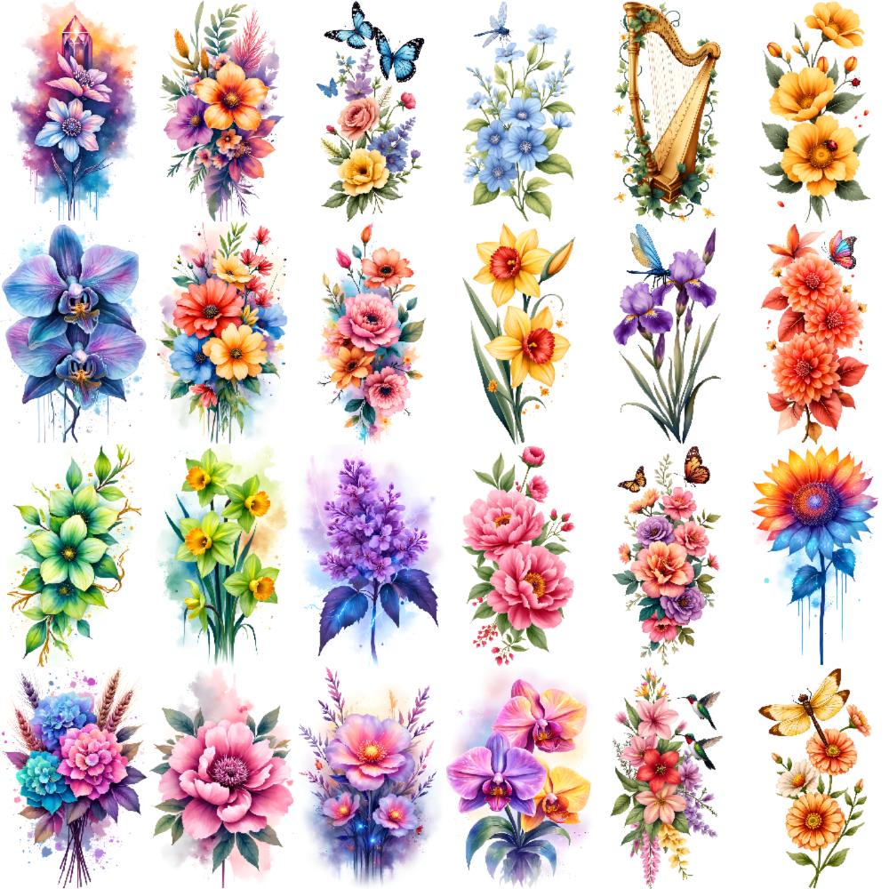 12pcs Temporary Tattoo Colorful Bouquet Temporary Tattoo Stickers Floral Designs Butterfly Illustrations Mixed Flower For