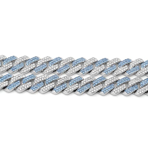 Takeda Jewelry Men's Iced Out Cuban Chain Necklace, Silver and Blue Rhinestones, Wide Chain, Street Style Accessory, 45/50/55cm (55cm)