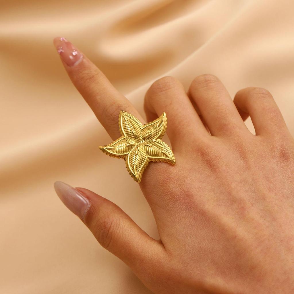 Stainless Steel Starfish & Seashell Open Ring - Ocean Holiday Style Jewelry for Women
