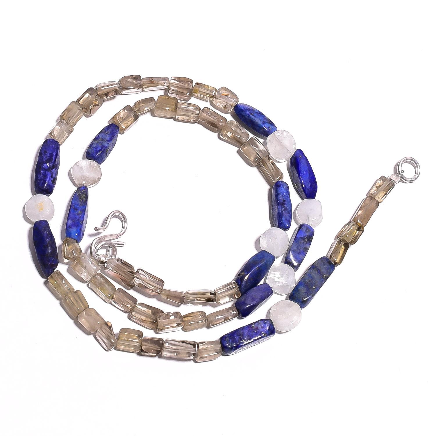 

Natural Lapis Lazuli Rose & Smoky Quartz Gemstone Beads Necklace 17 UB-4122 UB-4122