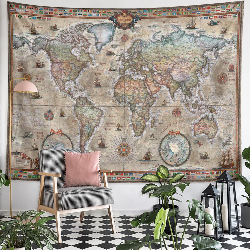 Vintage World Map Retro Design Ships Flags Antique Patterned Tapestry for Bedroom and Living Room Home Decor Sofas
