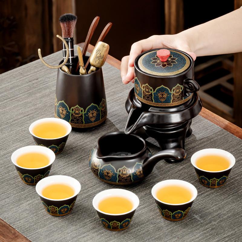 Business Suit Accompaniment Gift Ancient Rhyme Semi-automatic Lazy Tea Set Stone Grinding Teapot High-end Gift Box Enterprise