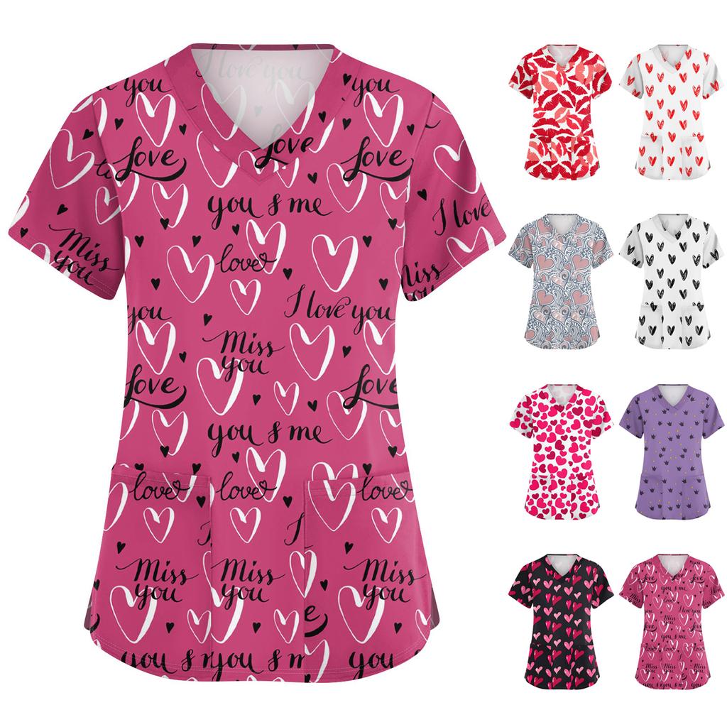 Women's Cute Bow Printed Work Clothes V-neck Double Layer Pockets Basic Short Sleeve Top Pullover