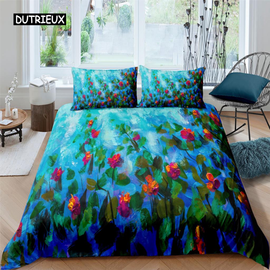 Olieverfschilderij Bloemen Digitaal Geprint Beddengoed Sets Volwassen Beddengoed Quilt Kunst Dekbedovertrek Set Eenpersoons King Queen Size EU single(135x200cm)