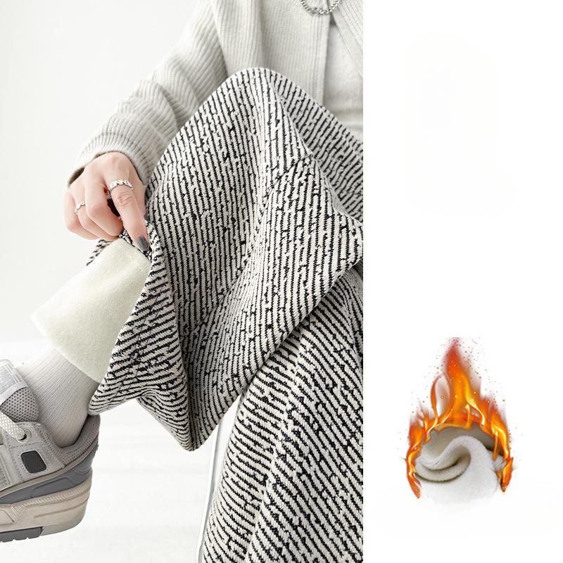 Striped Wide-leg Pants Women's Autumn and Winter Velvet Thickened Retro Atmosphere Lazy and Drape Casual Trousers