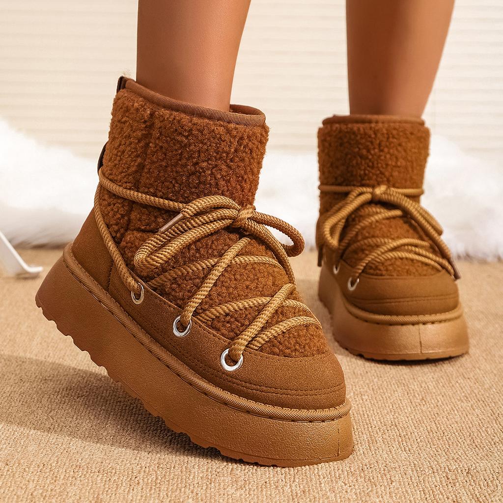 Women's Snow Boots 2025 New Winter Style: Fleece-Lined, Thickened, Height-Enhancing, Thick-Sole Cotton Boots with Lace-Up Design Warm Cotton Shoes