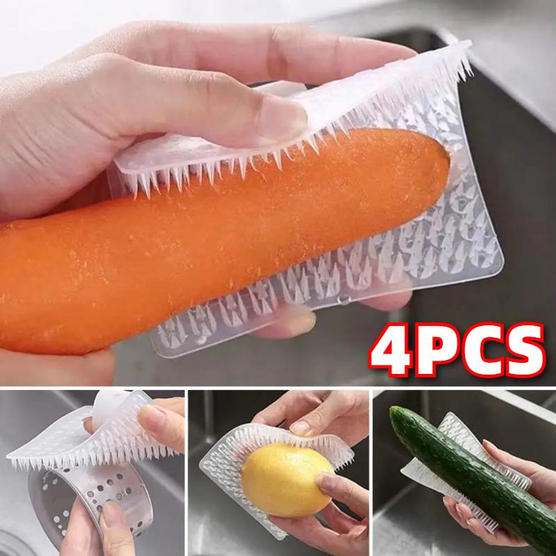 4PCS Kitchen Accessory TPE Material Brush Ergonomic Fruit Vegetable Brushes with Gentle Elastic Bristles for Set of 4 Kitchen Tools
