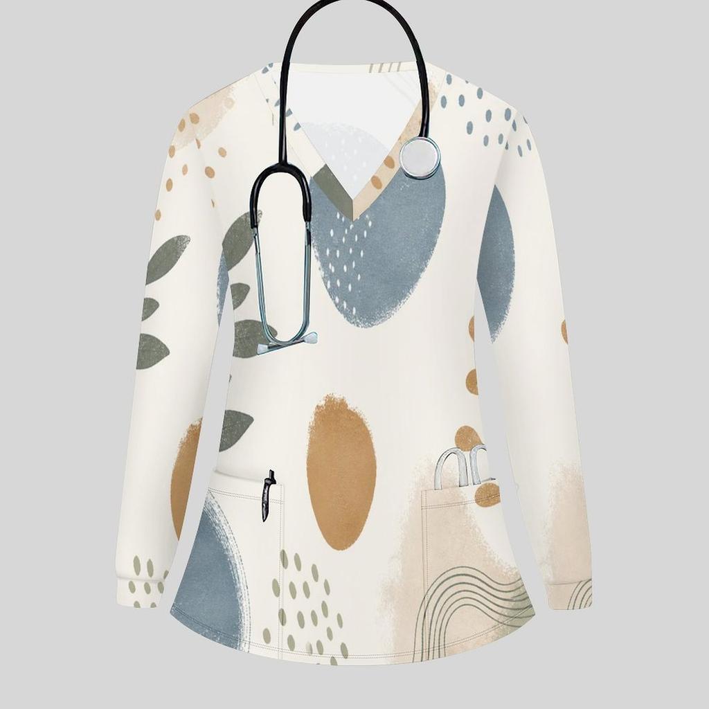 Women Plus Size Scrub Top V Neck Long Sleeve Abstract Botanical Print Front Pockets Medical Work Top