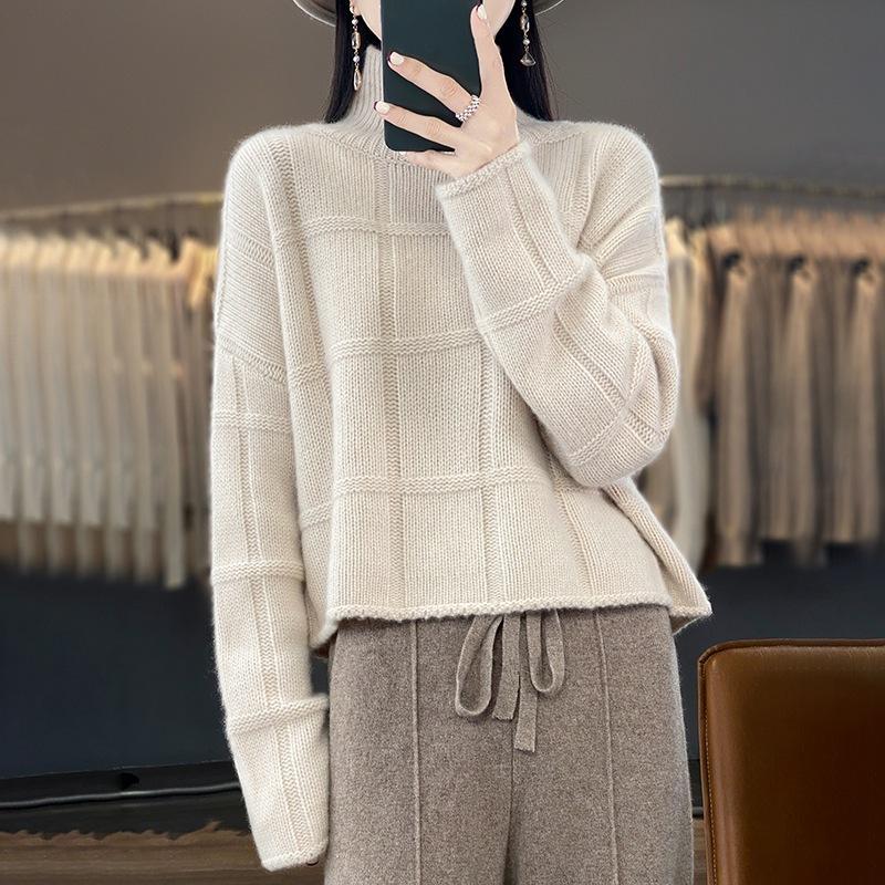 Retro versatile plaid turtleneck sweater women's loose pullover long-sleeved top autumn and winter outer wear fashionable and simple style