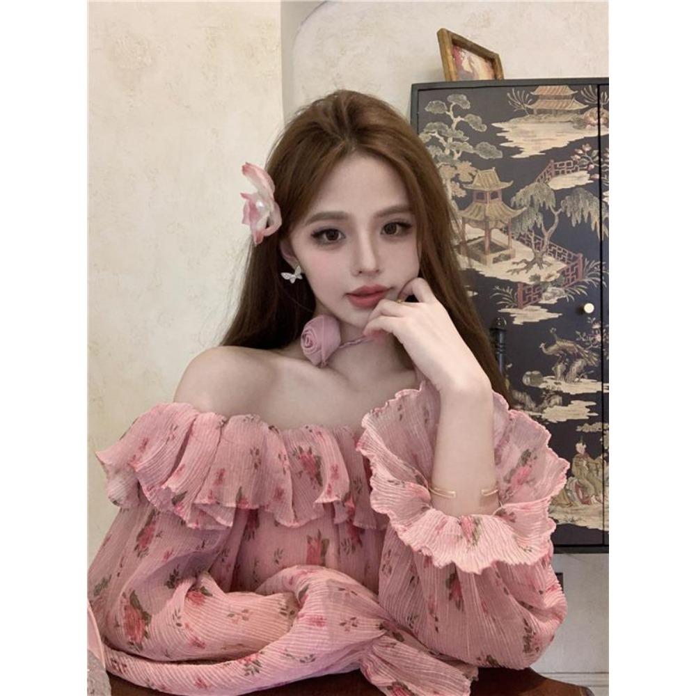 Blumiges Chiffonhemd Damen Ein Schulter Neckholder Top Glockenärmelhemd